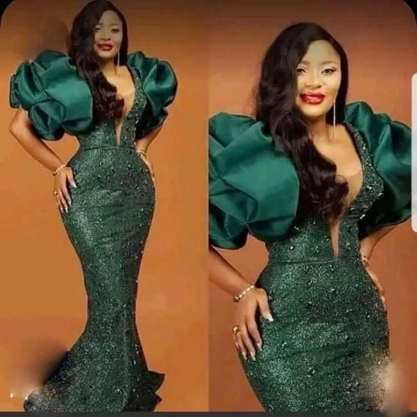 Green Mermaid Prom Dress with Puff Sleeves Sequins Plus Size