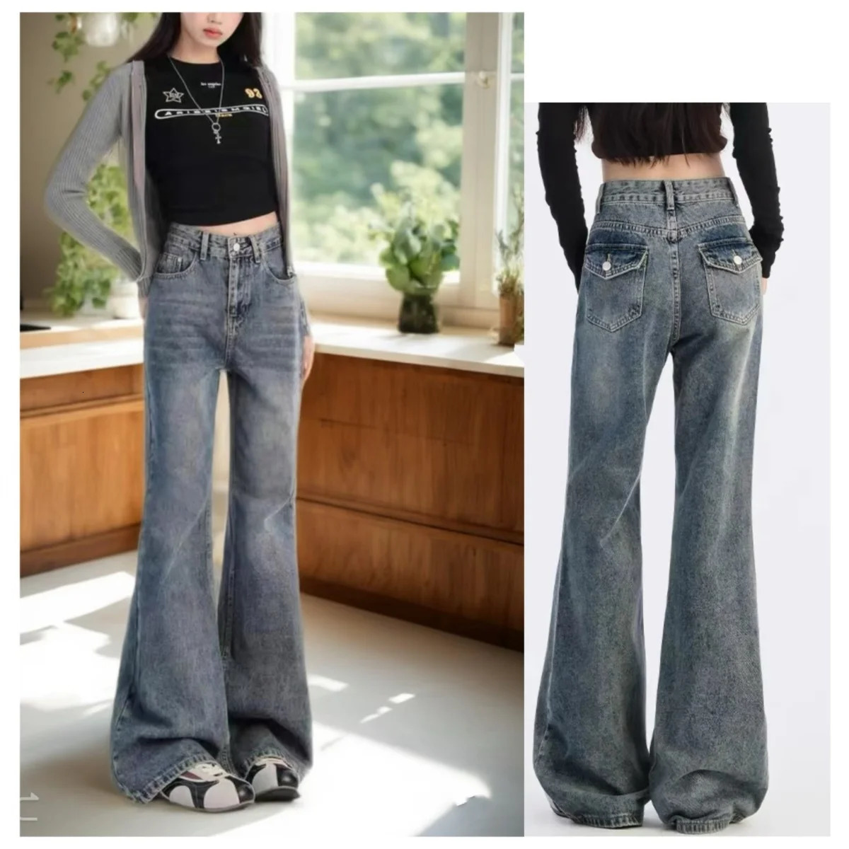 Womens High Waisted Flared Jeans American Retro Fashion Casual Denim Trousers Girl Style Long Pants Versatile for daily use 260430
