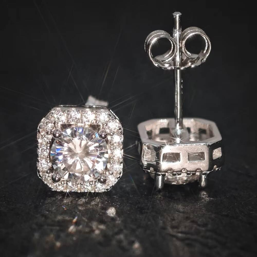 GRA pure S925 silver jewelry classic square prong setting D color moissanite diamond halo stud earrings for men and women