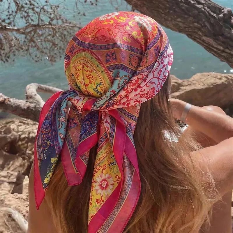 Lavender Silk Scarf 90cm Square, Multifunction Novelty Satin Print Headband, Turban, Hijab Wrap for Business