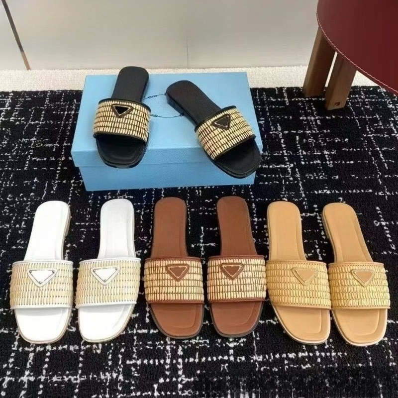 P Designer Shoes Sandales à glissière en raphia tissé pour femmes, pantoufles plates à décor triangulaire, chaussures de plage décontractées à bo