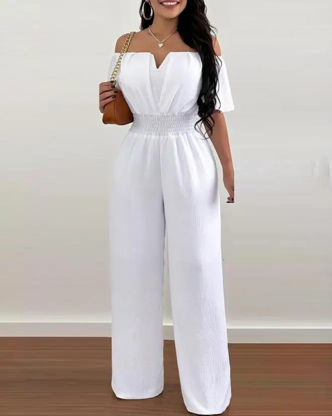 Jumpsuits for Women Spring Fashion Off Shoulder Casual Plain Short Sleeve Shirred Waist Daily Long Wide Leg Jumpsuit 260427