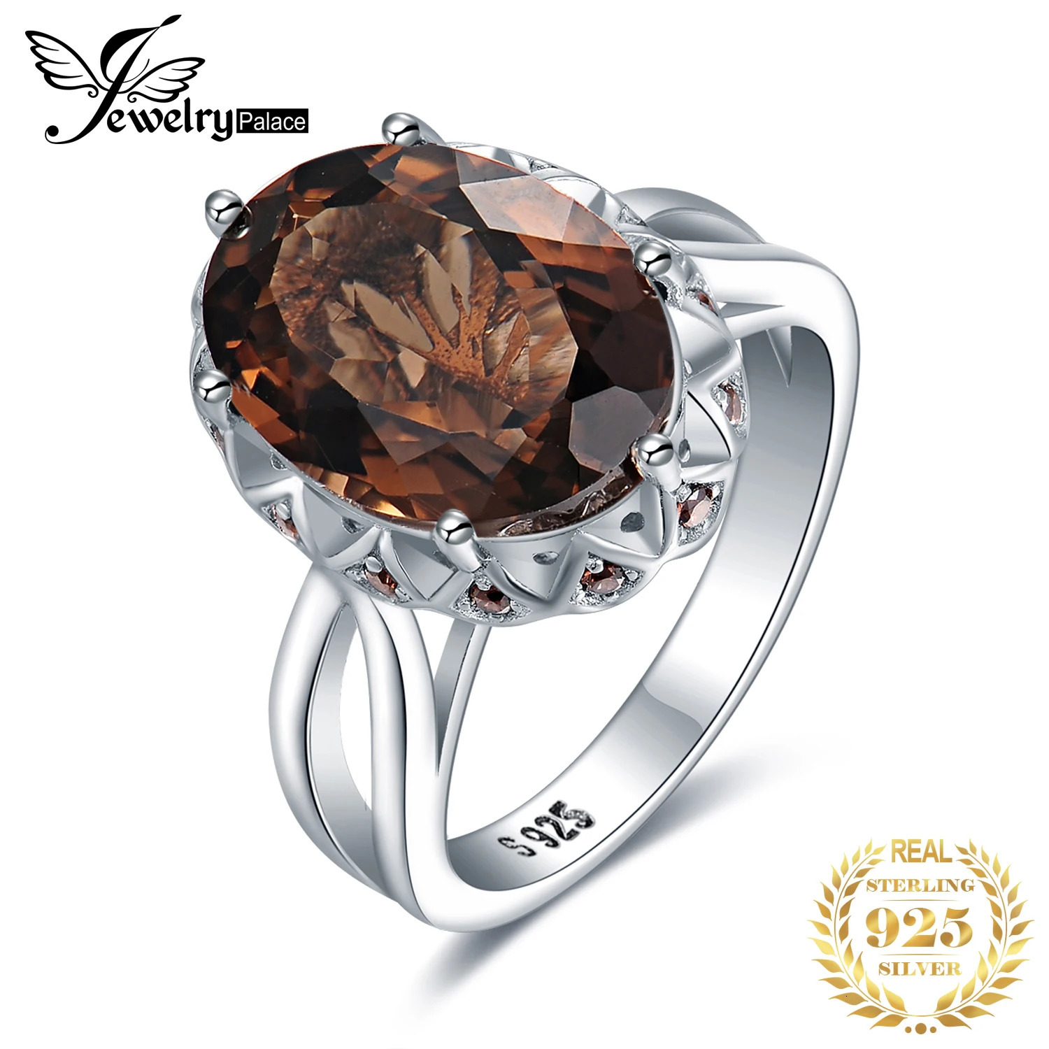 JewelryPalace Large 57ct Genuine Oval Smoky Quartz 925 Sterling Silver Big Gemstone Cocktail Statement Rings for Women Jewelry 260430
