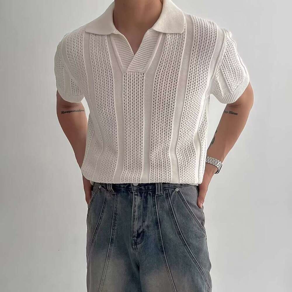 Luxury Brand Designer Clothes Fashion Men's Versatile Summer Hollow Out Trendy Polo Shirt Loose Solid Color Half Sleeve High-Quality Knitted Ne