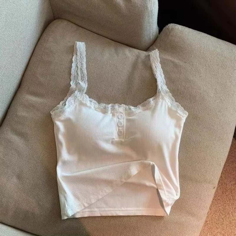 White Knit Cropped Tank Top, Women's Sleeveless Lace-Trim Button-Front Vest with Chest Pad, Sexy Acetate Bra Crop Top