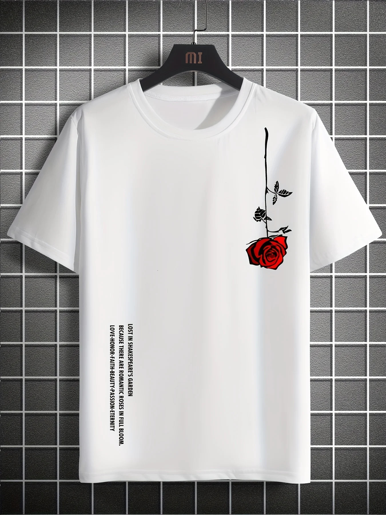 Mens Summer Loose Size 100 Cotton Rose Print Casual Slim Fit Round Neck Short Sleeve T-shirt Top 260430