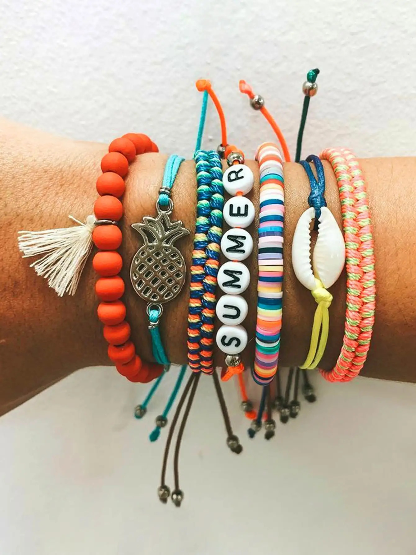 7pcs Colorful Boho Style Beaded Bracelet Set with Pine Charm and Shell 260430