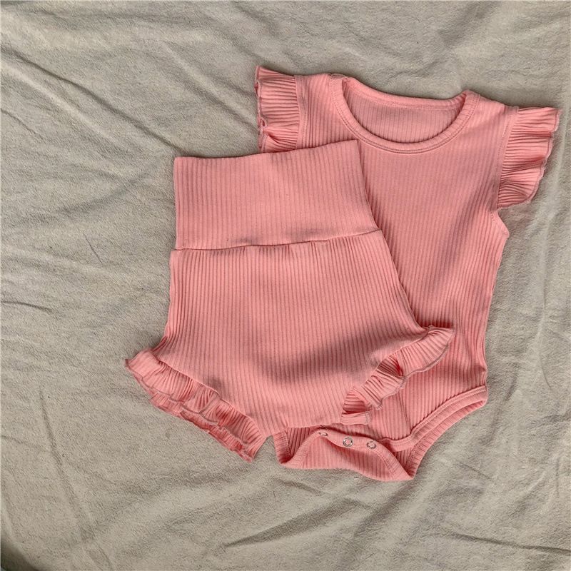 Girls two piece Clothing Set W1554 Baby Girl Clothes Set Soft Ribbed Cotton Bosyuit Shorts Clothing Cute Toddler Fashion Comfortable Jumpsuit Bloome