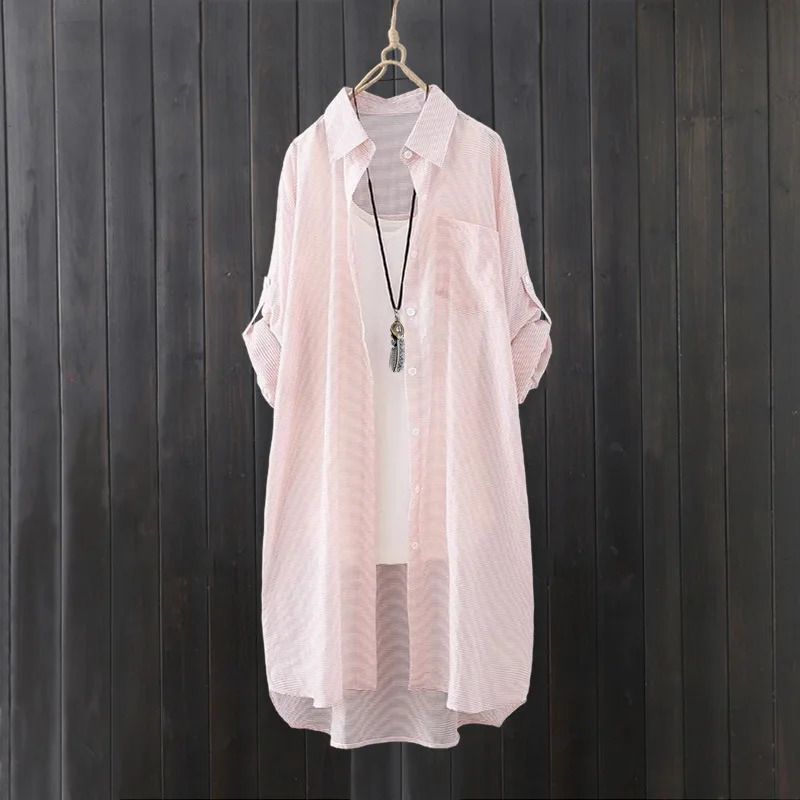 Summer Shirt Midlength Vermicelli Striped Top Loose and Fashionable Cardigan Sunscreen Thin Jacket 260430