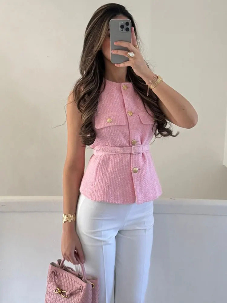 HH Summer Women Tweed Waistcoat With Belt Vintage Solid O Neck Sleeveless Front Button Vests Tops Lady High Street Outerwear 260430