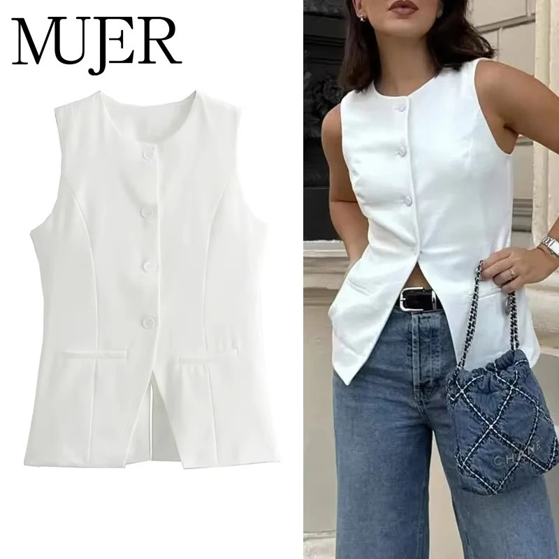 MUJER 2025 Women Vest Button Sleeveless Jacket Women Waistcoat Summer White Vest Woman Fashion Elegant Womens Suit Vest Coat 260430