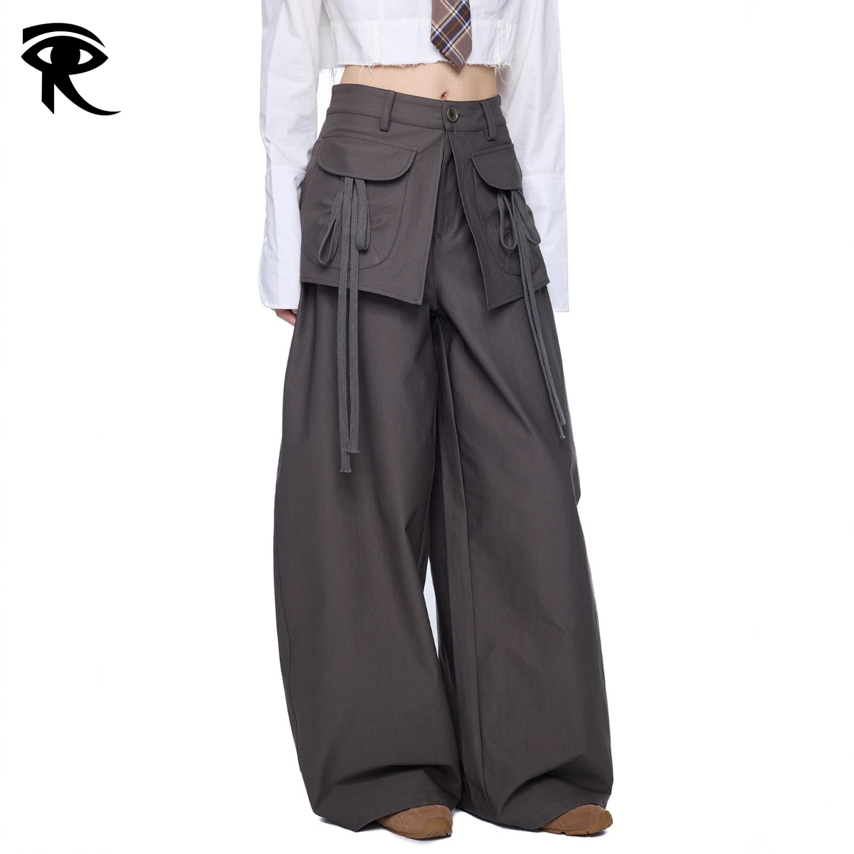 Patchwork poche à cordon drapé pantalon à jambes larges femmes printemps été ample droite jupe superposée ourlet Streetwear pantalon de trajet pa