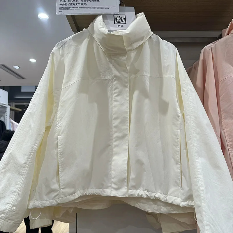 Acetate Y2K Women's Windproof Hooded Stand Collar Jacket, Asymmetric Length Full-Opening Windbreaker Coat