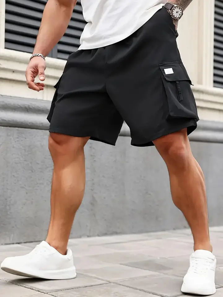 Mens Plain Regular Style Cargo Shorts with Drawstrings and Elastic Waistband Large Flap Pocket Pants n Casual Suitable for Summer Beach Vaca 260430