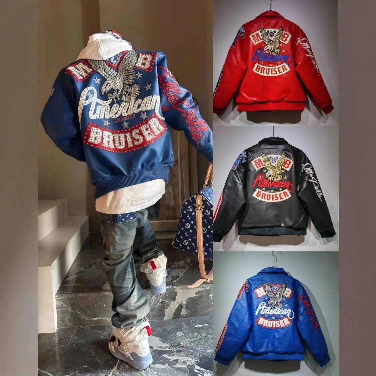 American Retro Heavy Industry Embroidery Leather Jackets Motorcycle Stand Collar Flight Jacket Autumn/Winter New Coat