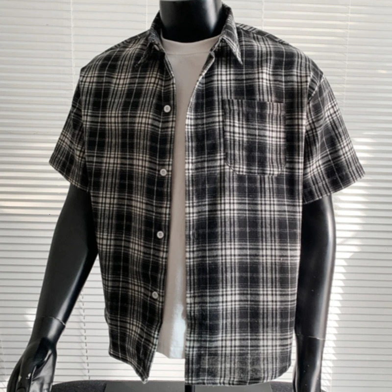 Men's Slim Fit Black and White Checkered Short Sleeve Button-Down Shirt, Acetate Casual Shirt for School - Full Opening Closure