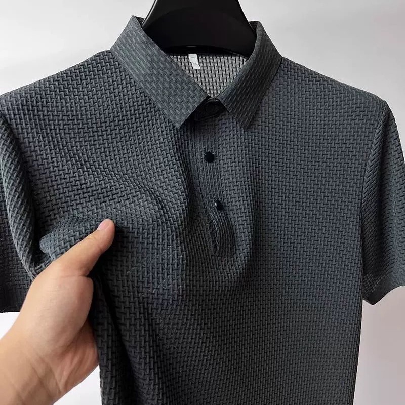 new Men's Summer Polo Shirt Short Sleeve T-shirt Knit Bamboo Pattern Jacquard Mesh Ice Silk Turn-down Collar Solid Color Simple Top