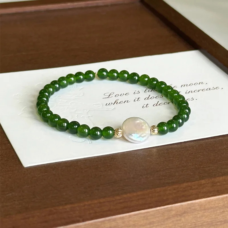 Natural Green Chalcedony Beaded Chain Bracelet with Freshwater Pearl, 14K Gold Filled Gothic Jewelry