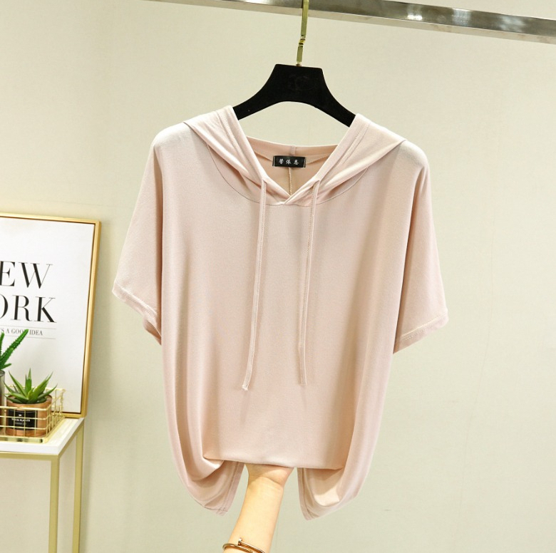 A534 T-shirt fin Modal grande taille pour femmes, sweat-shirt d'été à capuche et manches courtes de couleur unie