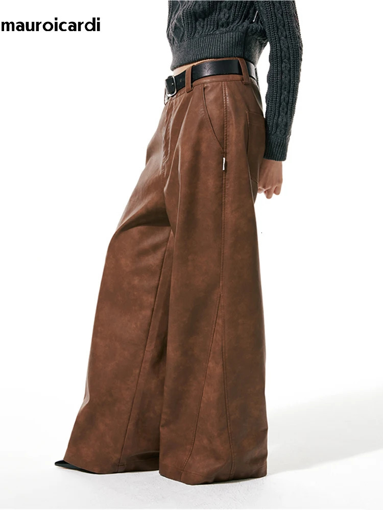 Mauroicardi Spring Autumn Long Loose Casual Brown Pu Leather Pants Men Wide Leg y ner Unisex Trousers Fashions 260430
