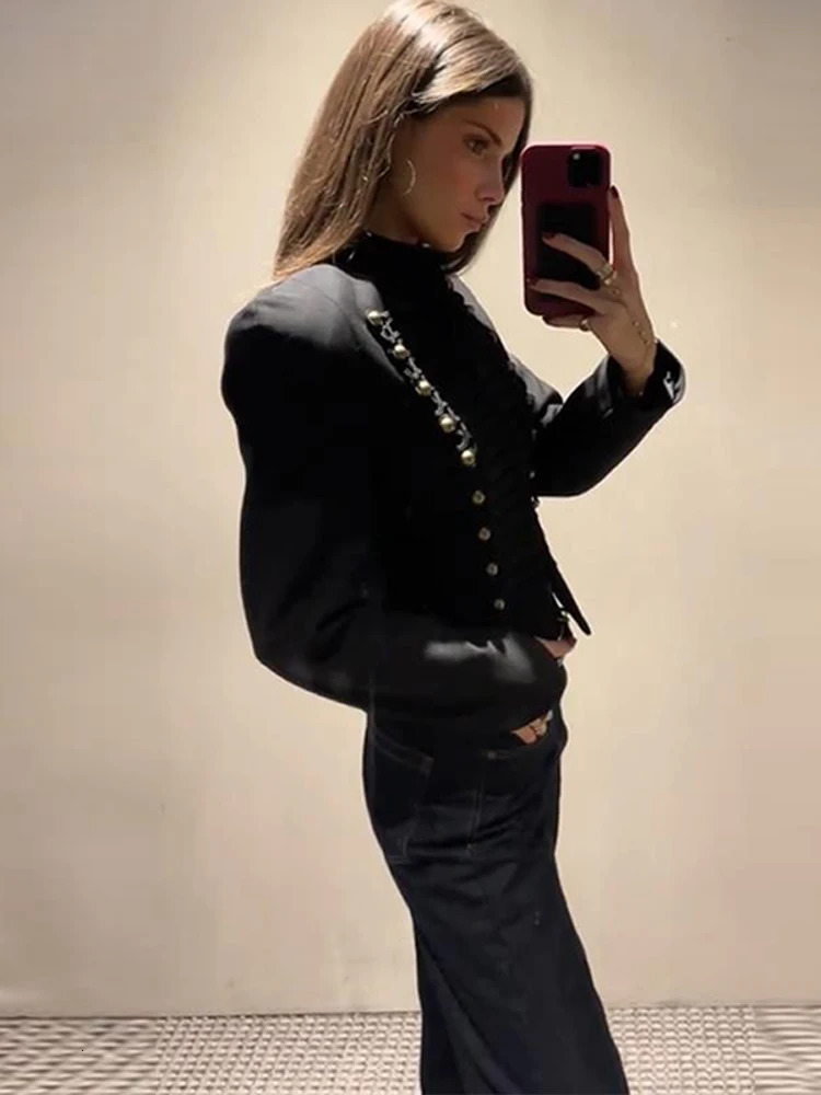 Y2K Women's Military Style Cropped Jacket, Asymmetric Length Acetate Blazer with Gold Buttons, Cord Braid Trim, Padded Shoulders, Full Opening