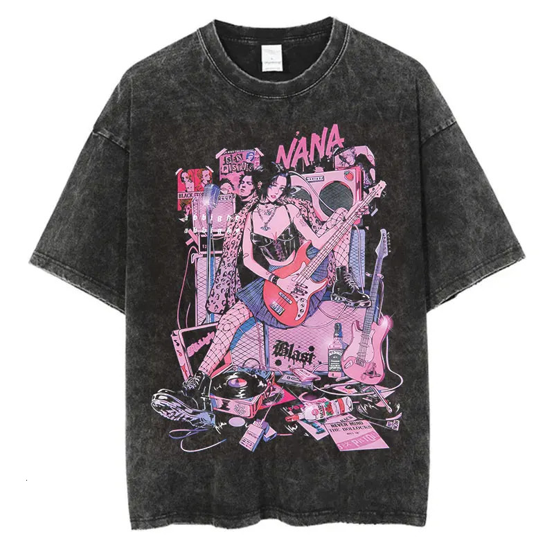 Japanese Anime Nana Osaki Print Vintage Washed Tshirt Harajuku Streetwear Graphic T-Shirt Summer Short Sleeve Cotton Tshirt 260430