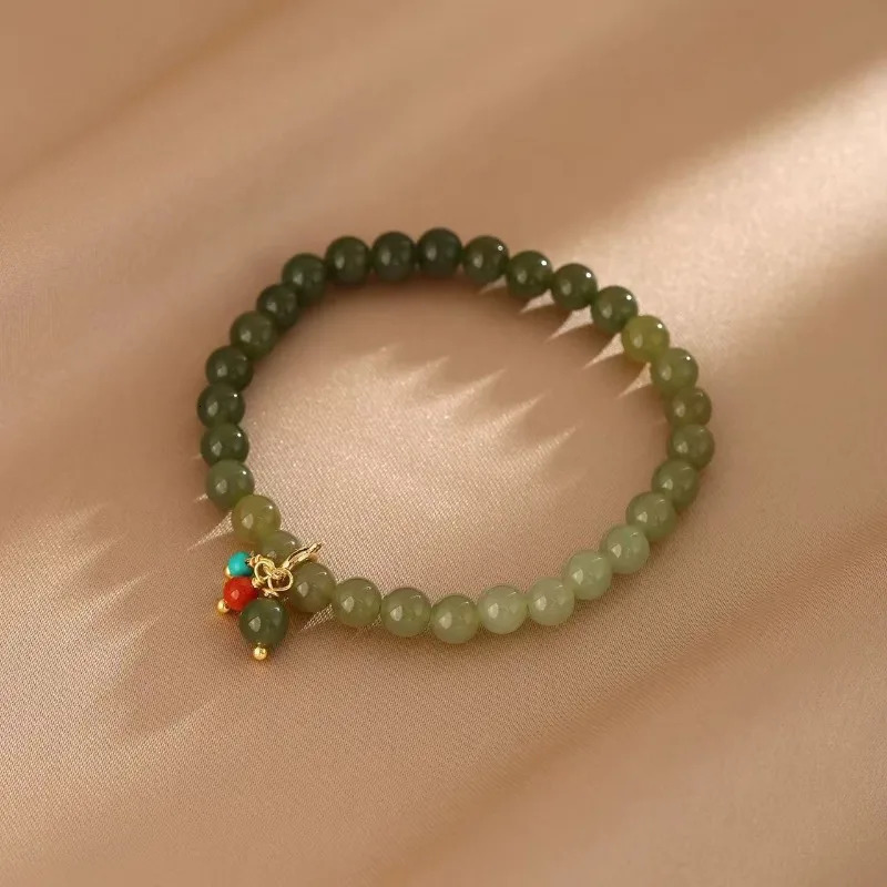 Minar Retro Green Gradient Color Hetian Jade Natural Stone Tassel Elastic Strand Bracelets for Women 14K Gold Plated Copper 260430BJ
