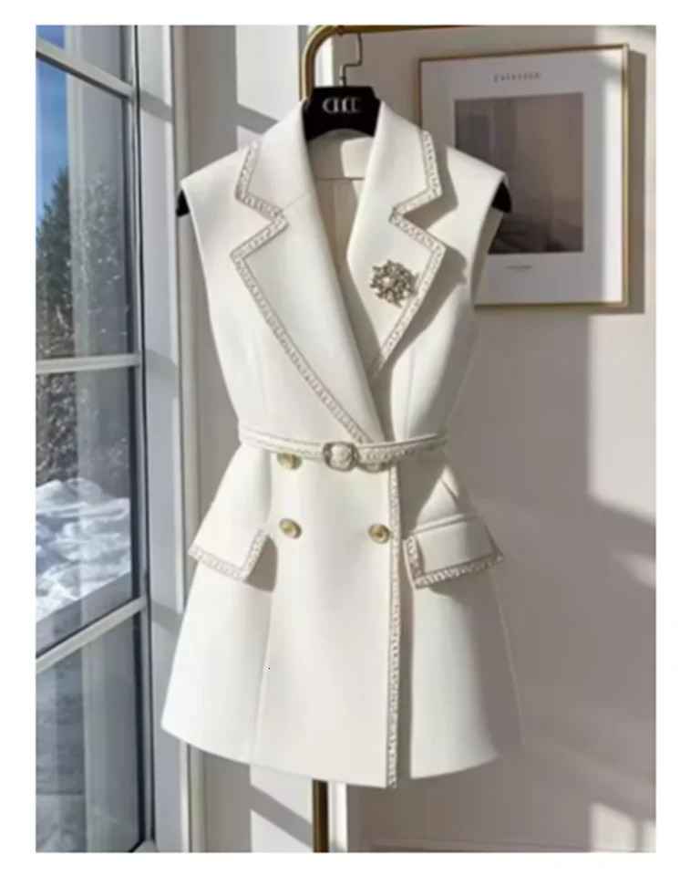 White Sleeveless Jacket with Belt Summer Cotton Suit Vest British Notched Double-breasted Office Lady Formal Elegant Waistcoat 260430