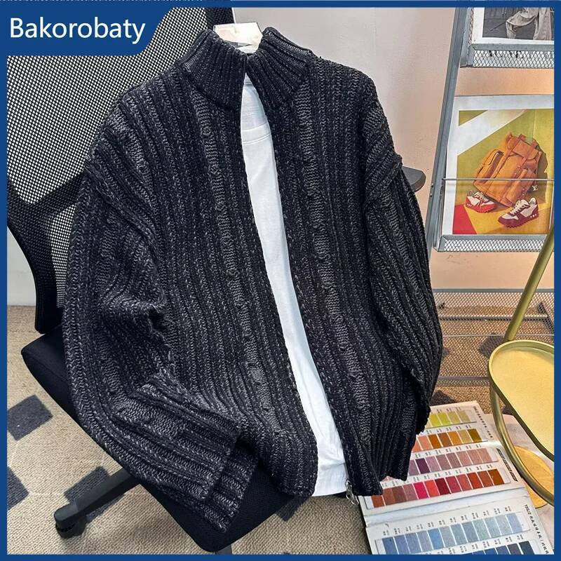 2026 Spring Men's Warm Thickened Knitted Cardigan Y2K Vintage Jacquard Zipper Sweaters American Casual Elegant Knitwear Coats