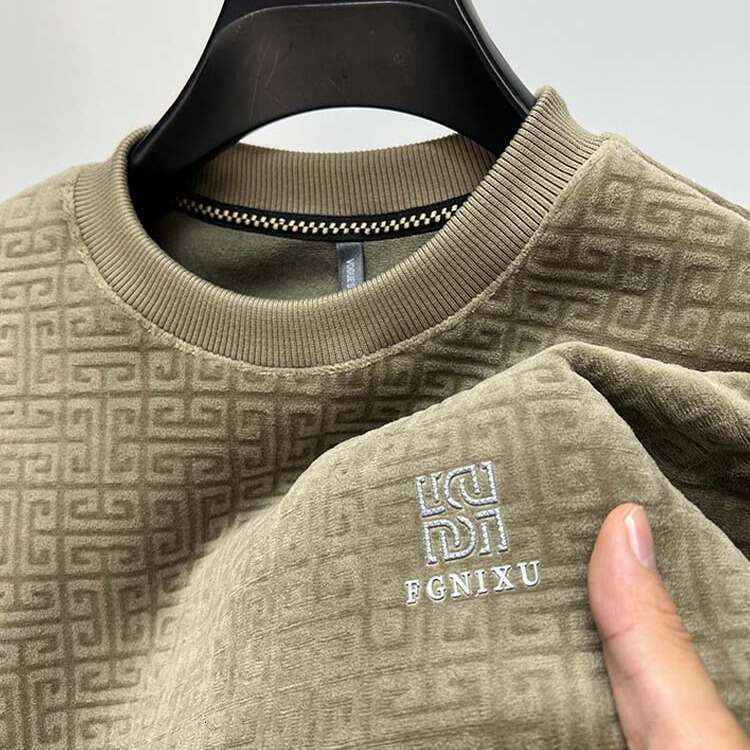 High-Quality Velvet Spring And Autumn Casual Long-Sleeve Round Neck Business Versatile Fashion Jacquard Men's Sweatshirt T-Shirt Top