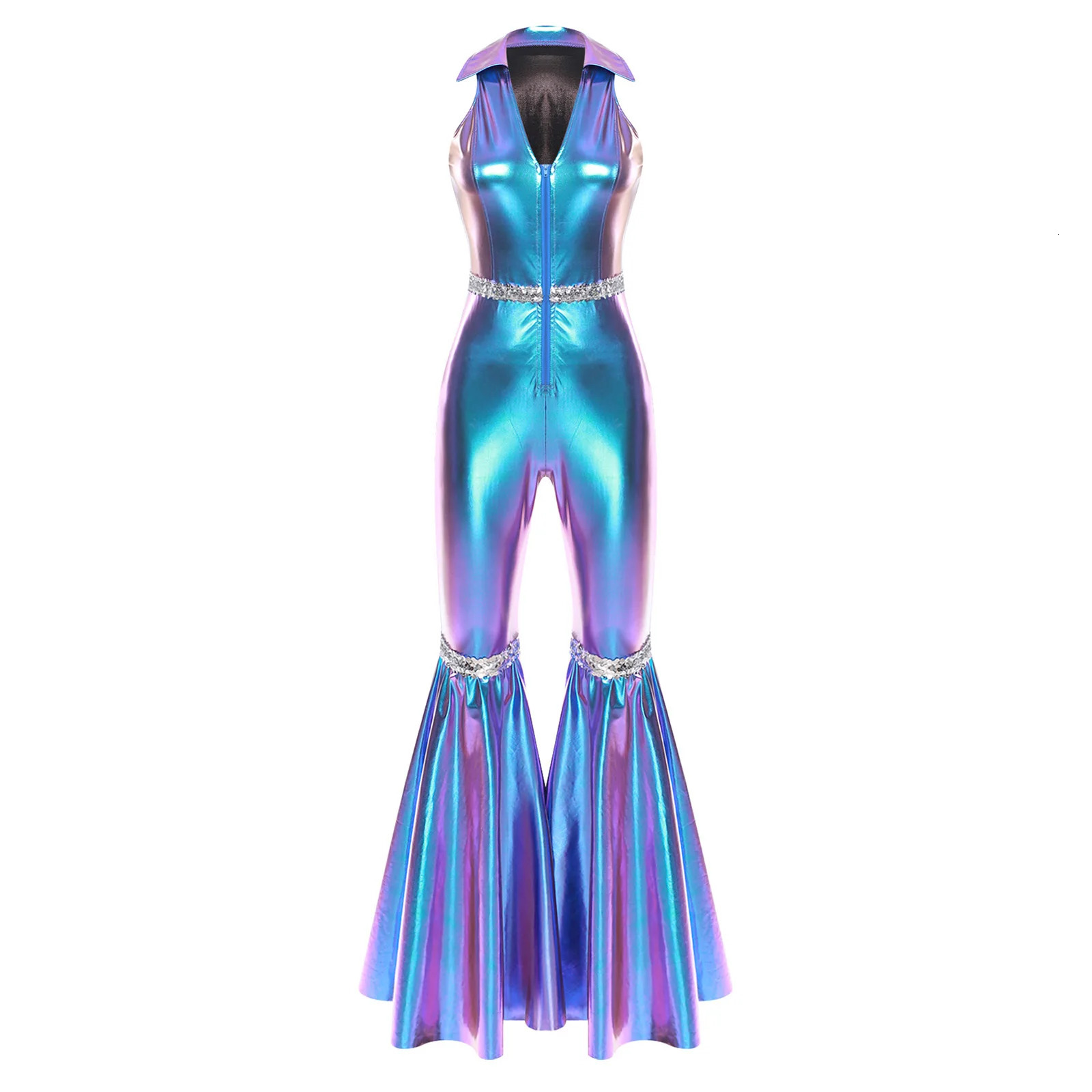 Adult Womens 70s Disco Rompers Lapel V Neck Sleeveless Front Zipper Sequins Bell Bottom Long Pants Jumpsuit Retro Jazz Dancewear 260427