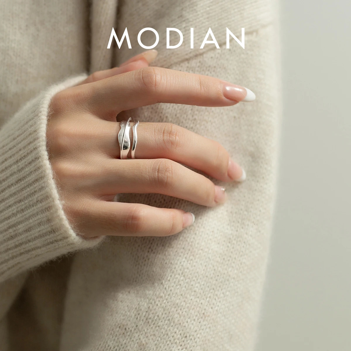 MODIAN 925 Sterling Silver Irregular Line Trendy Open Ring Size 6-8 Simple Stackable Wave Finger Rings For Women Fine Jewelry 260430BJ