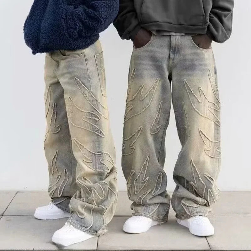 Y2k Hip Hop Baggy Jeans Mens Street Fashion Raw Edge Embroidered Jeans Street Gothic Retro High Waisted Wide Leg Trousers 260429