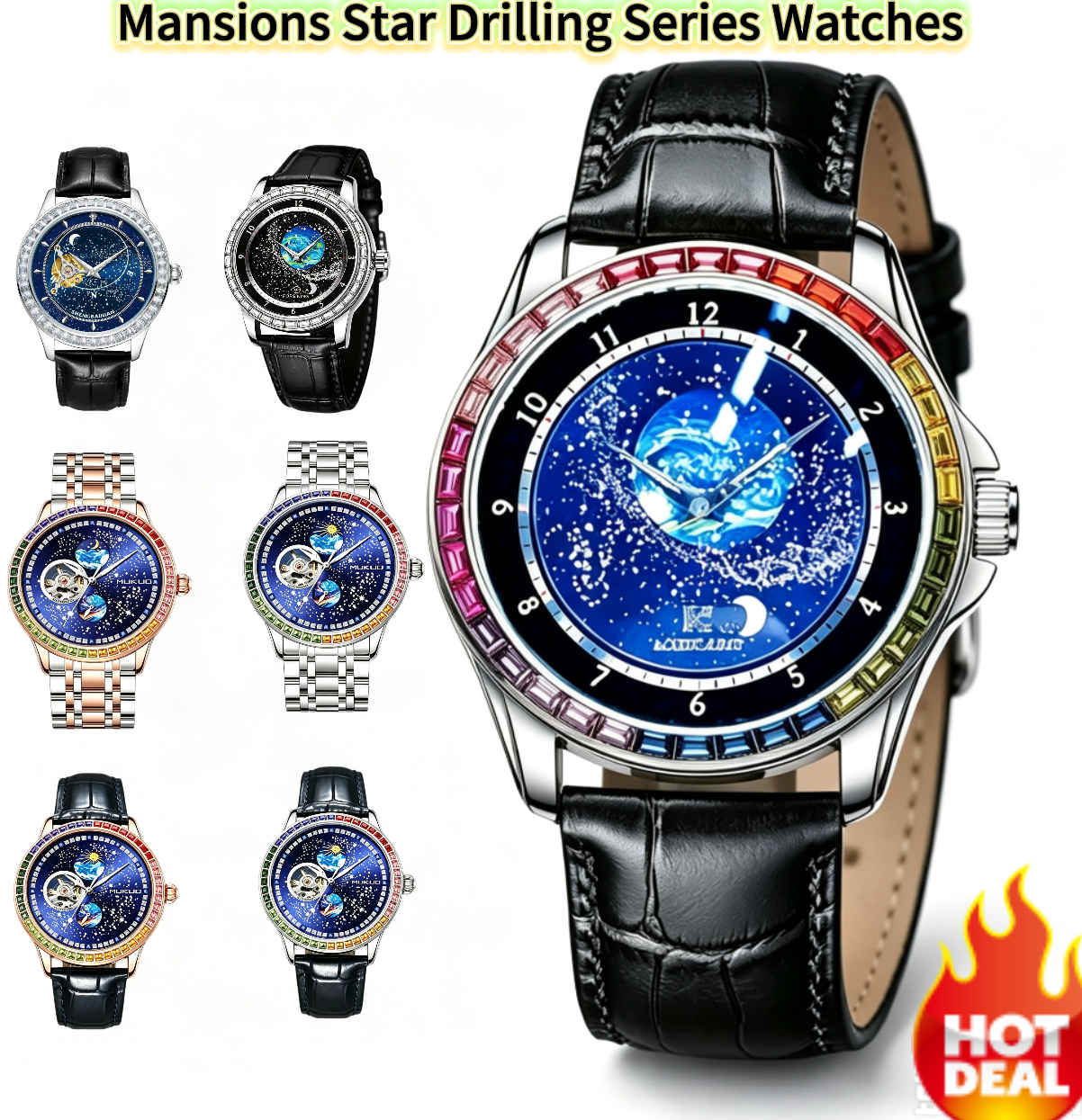 AOKULASIC Men's Automatic Mechanical Watch Starry Sky Colorful Crystal Dial, Full-Dial Luminous, Best-Selling, Water-Resistant