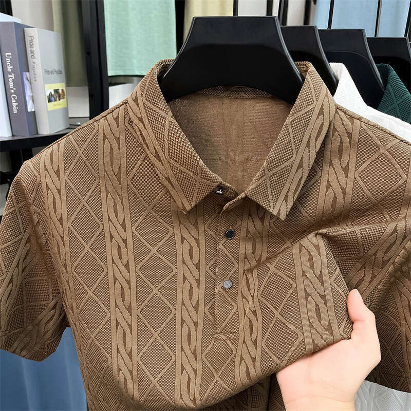 Luxury Brand Designer Clothes 2026 Summer New Vintage Wheat Pattern Turn-Down Collar Short-Sleeve T-Shirt For Men, Solid Color Breathable Top Polo S