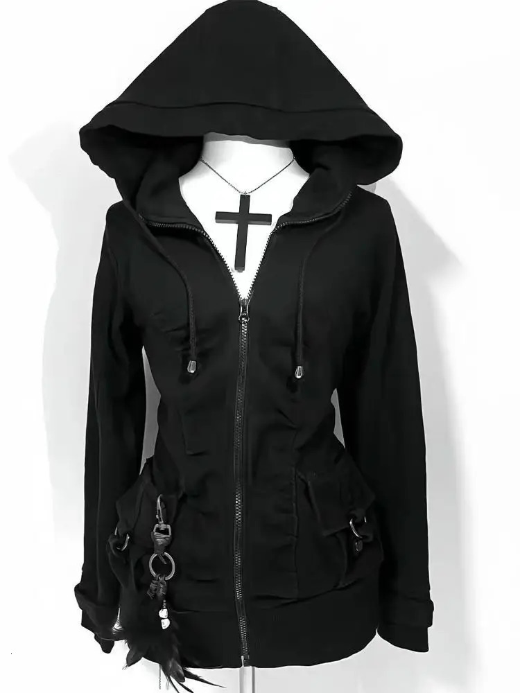 Black Fashion Trend Women Casual Hoodie Retro Gothic Sweatshirts Hip Hop Punk Style Multifunctional High Street Cardigan 260430