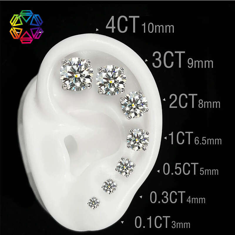S925 Silver Moissanite Stud Classic Four-Prong D Color Single Stone Earrings Unisex In Stock Gra Certificate Pass Diamond