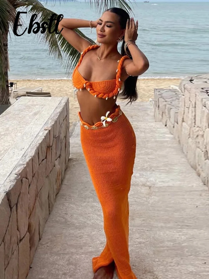 Vintage Women's Knit Acetate Crop Top and Long Slim Split Skirt Set, Sleeveless Shell Backless Tank with High Waist
