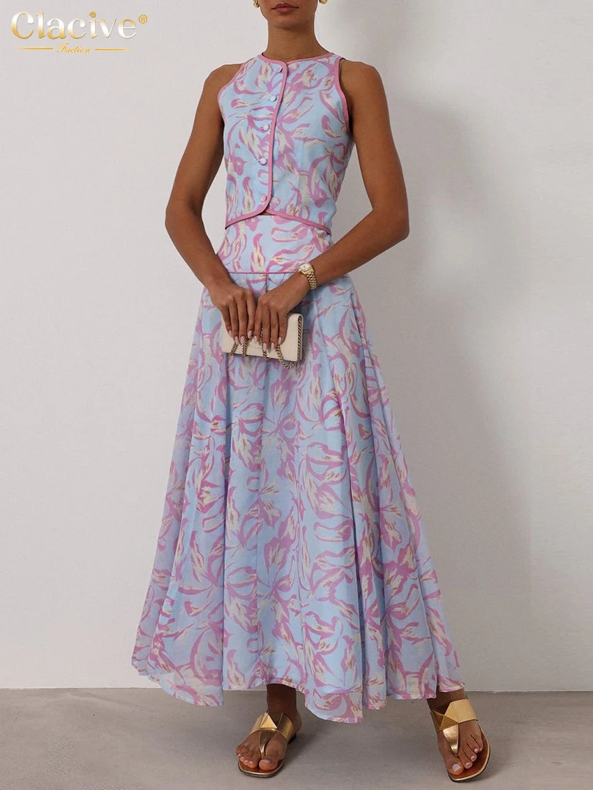 Clacive Women's Y2K 2-Piece Set - Sleeveless High Waist Pleated Print Tank Top and Floor-Length Skirt, Acetate Daily Outfit