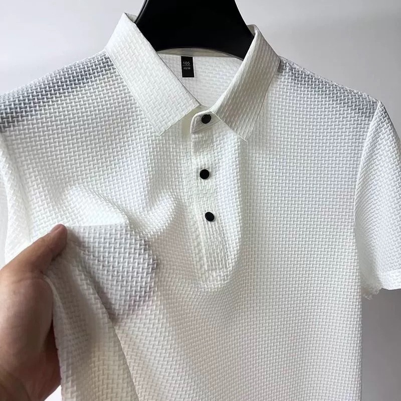 2026 Men's Summer Polo Shirt Short Sleeve T-shirt Knit Bamboo Pattern Jacquard Mesh Ice Silk Turn-down Collar Solid Color Simple Top
