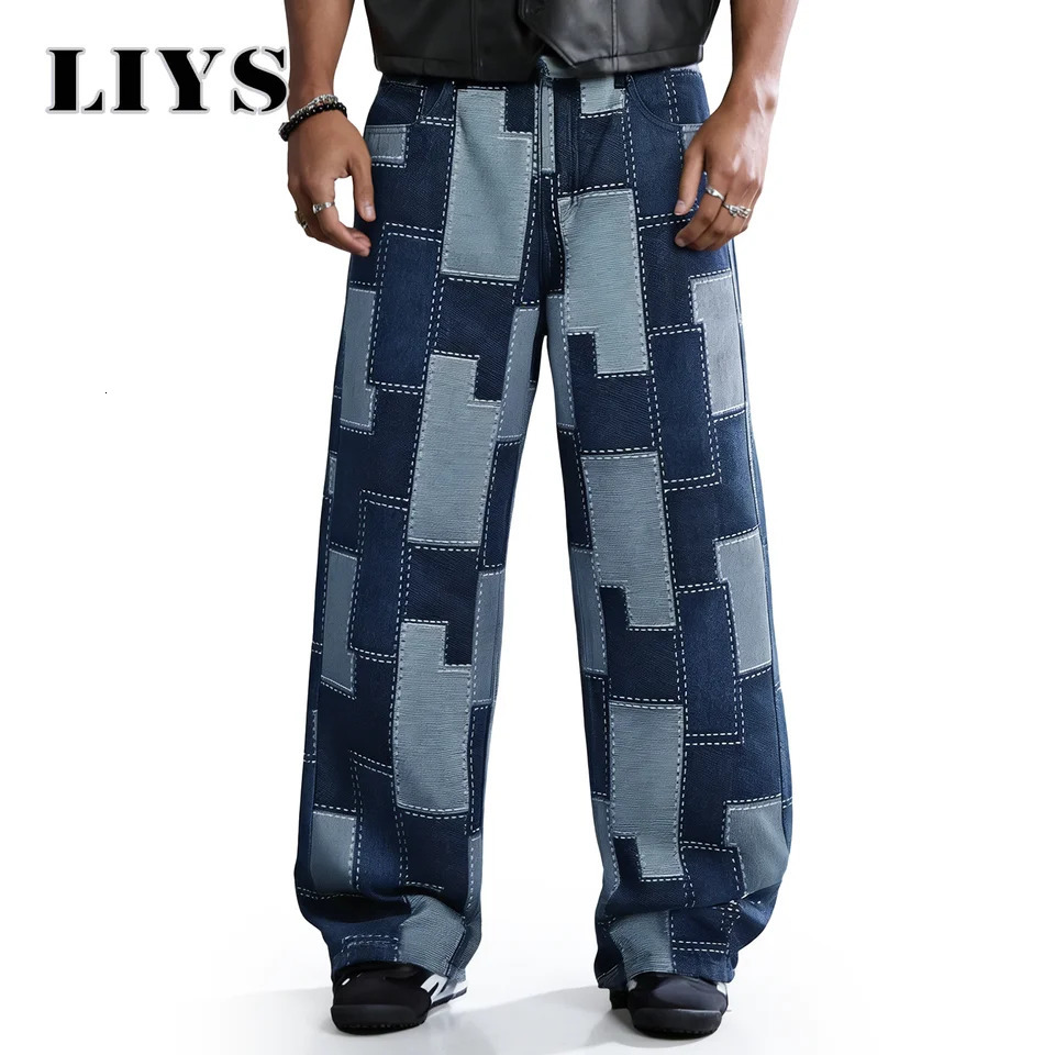 LIYS Spring Summer Comfortable Baggy Wide Leg Jacquard Jeans Casual Fashion Pixel Pattern Street Denim Pants Korean Unisex 260430