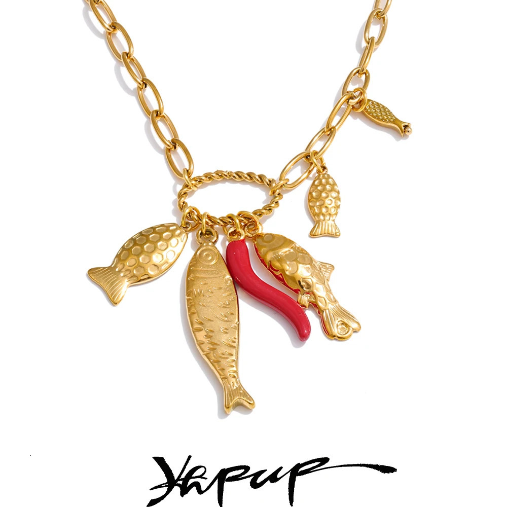 Yhpup Stainless Steel Fish Chilli Pendant Necklace for Women 18K Gold Plated Stylish Unique Ocean Style Jewelry 260429