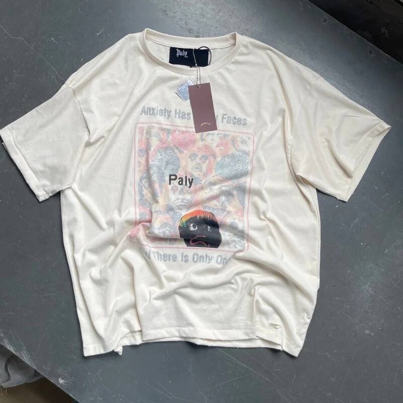 Men's Double Sided Print Anxiety Faces T Shirt Paly Vintage Washed Distressed Holes Oversized Streetwear Tee