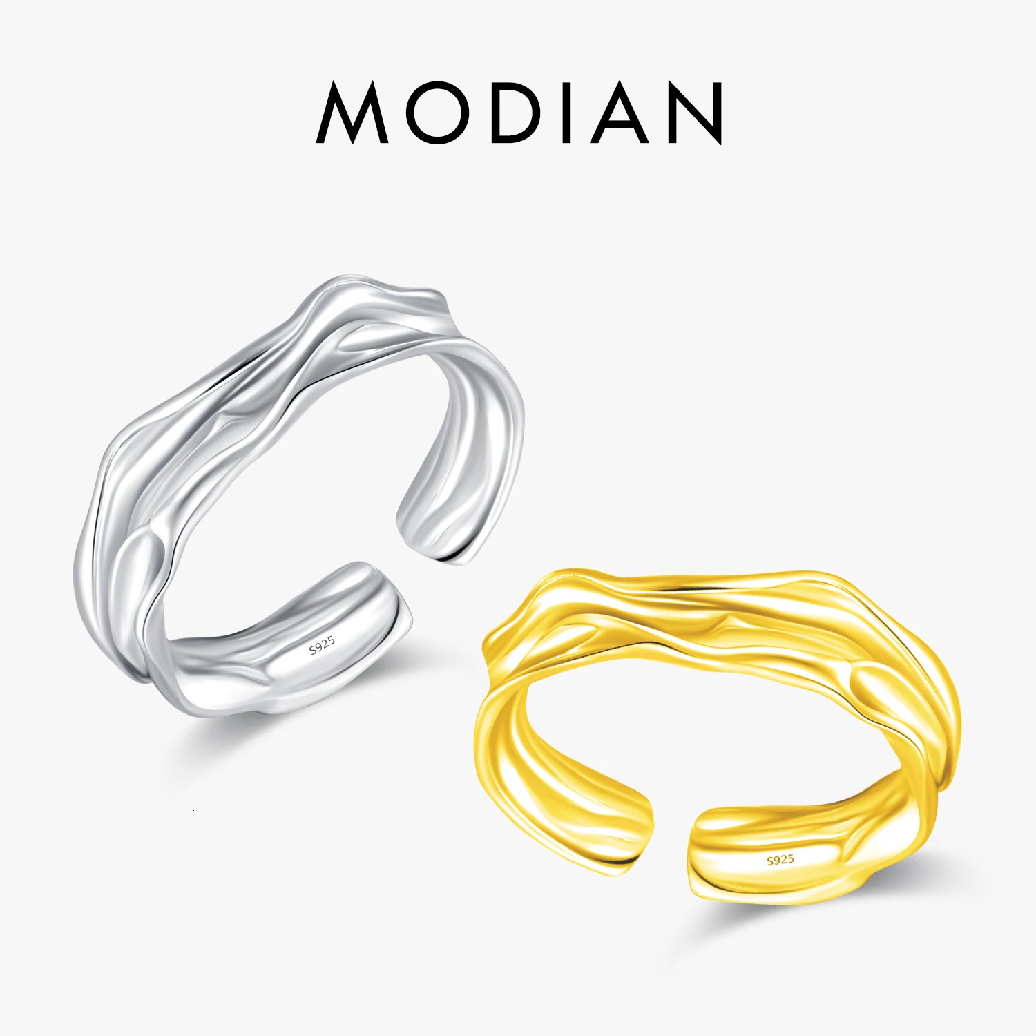 MODIAN 925 Sterling Silver Geometric Lines Texture Open Size 6-9 Finger Rings Trendy Gold Color Stackable Fine Jewelry For Women 260430BJ