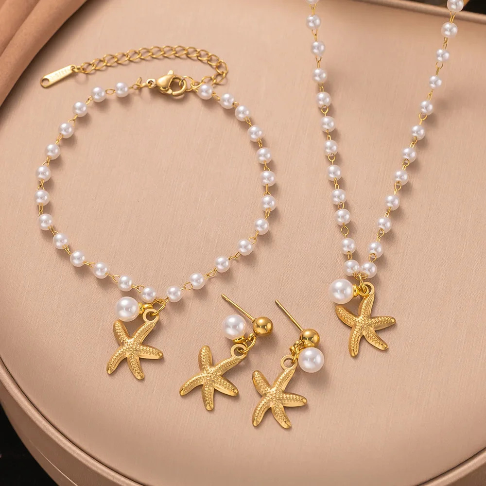 Preppy Style Pearl Beaded Starfish Necklace, Earrings & Bracelet Set, Alloy Jewelry with Genuine Pearls, Starfish Statement Accessory