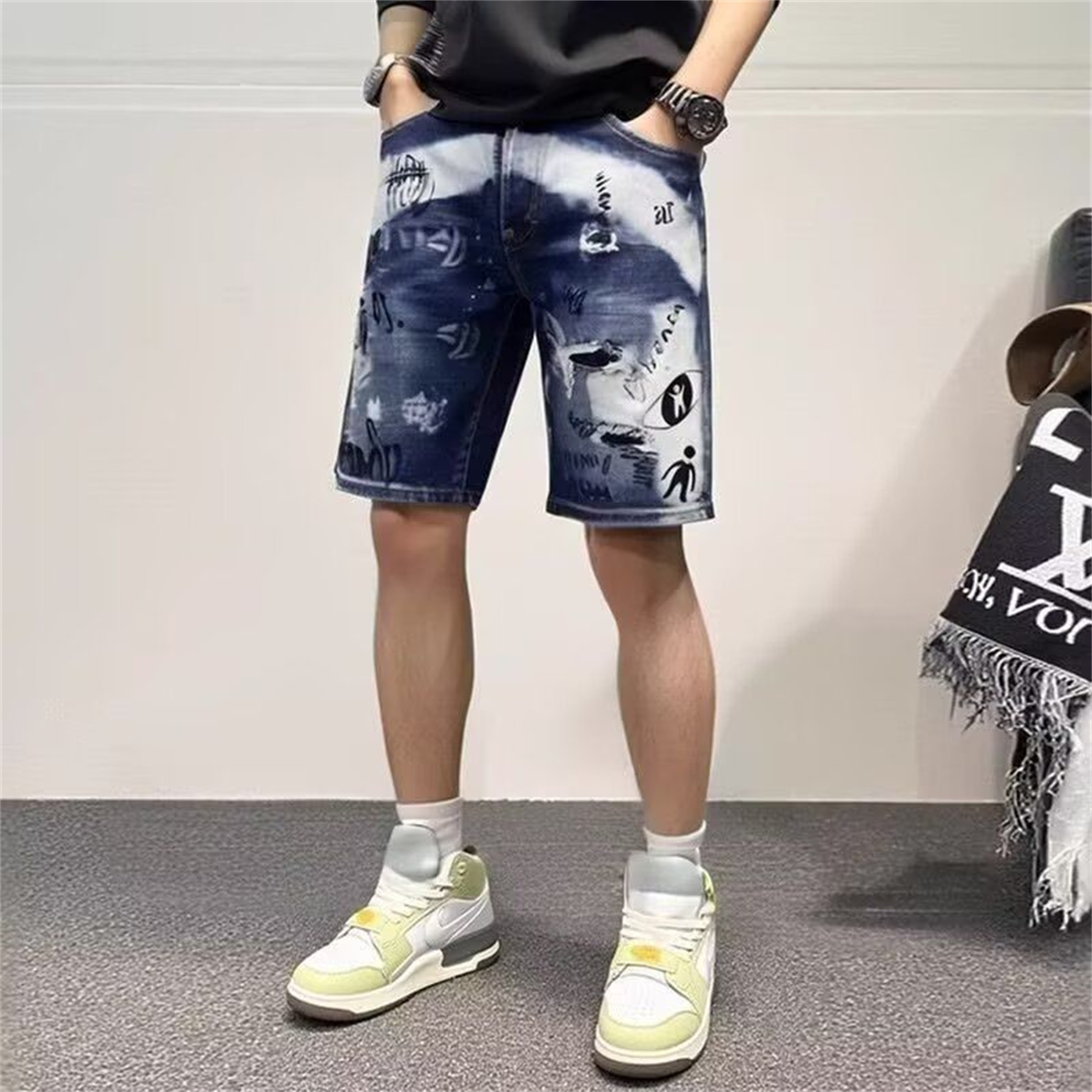 Men Denim Shorts Vintage Cross Short Jeans Mens Womens Harajuku Hip Hop Retro Black Gym Shorts Low Waist Shorts