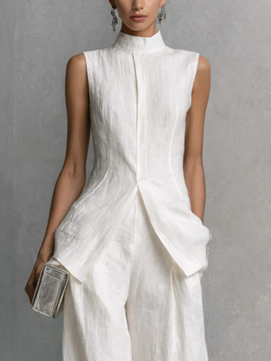 Vintage Solid Cotton Linen Suit for Women Sleeveless Turtleneck Top High Waist Pants Set Spring Summer Button Loose Outfit 260428