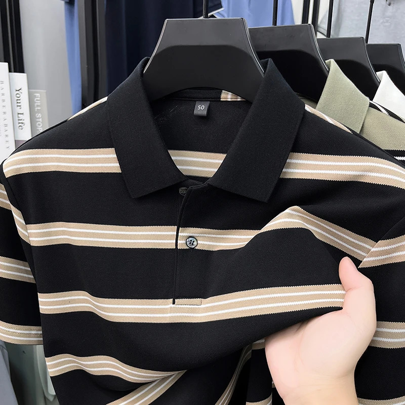 Fashion striped color blocked short sleeve polo shirt light y mens summer breathable comfort business casual lapel Tshirt 260430