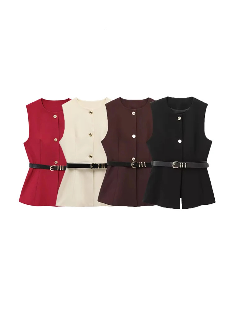 Womens Long Waistcoat with Belt Front Gold Button O Neck Sleeveless Vest Female Outerwear Chic Tops Fashion 260430