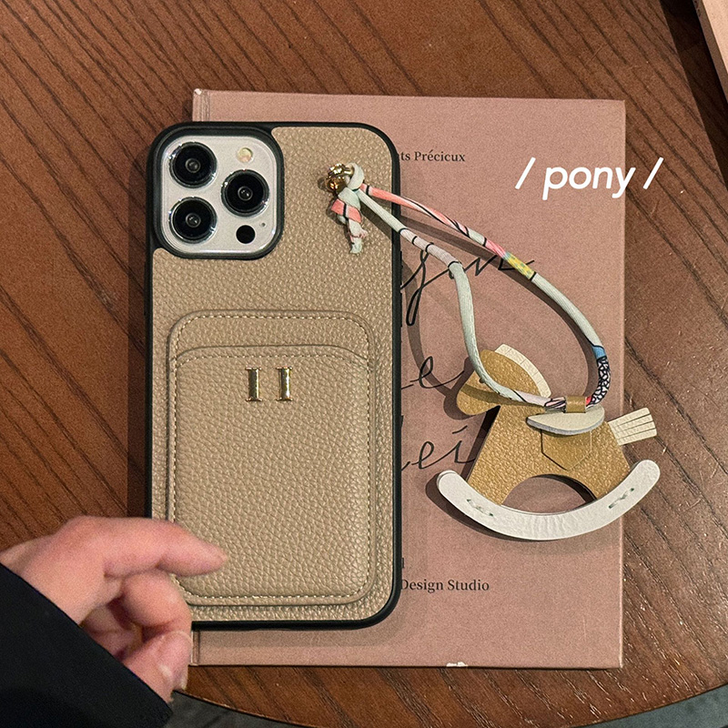 Card Holder Rocking Horse Designer Phone Case Iphonecase for Apple iPhone 17 Pro Max 16E Luxury Pebbled PU Leather Wrist Strap Coque Telephone Lu-image-938454111